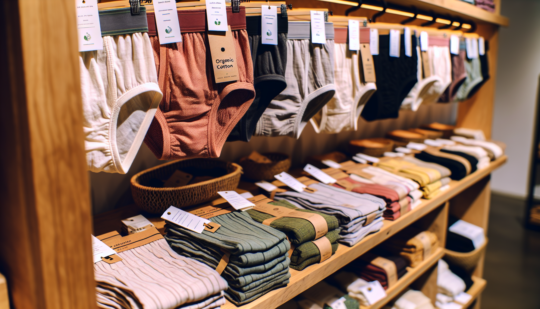 Organic cotton underwear displayed on a sustainable fashion store shelf