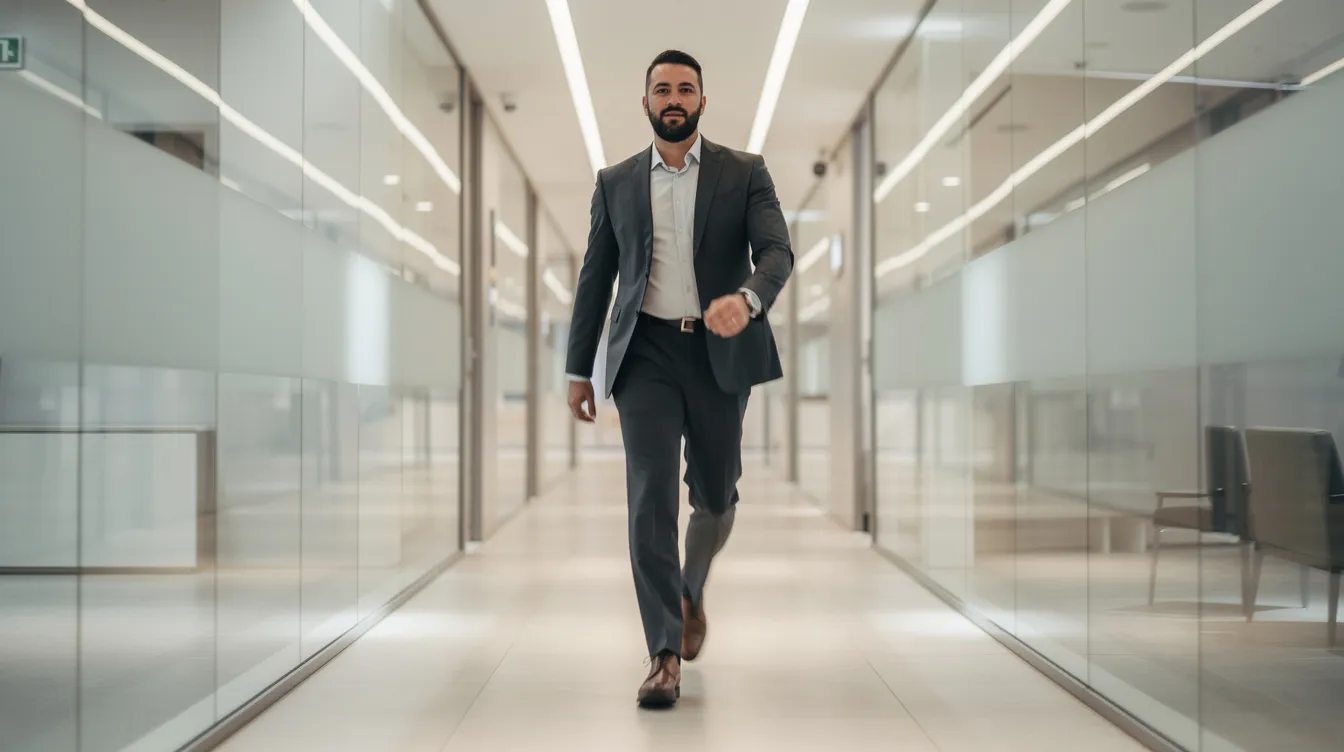 A confident professional strides forward along a modern corridor, embodying momentum and action, which reflects the essential leadership skills and coaching practices necessary for personal growth and organizational development. This image symbolizes the importance of self-awareness and the positive attitudes that leaders must cultivate to achieve success in a dynamic work environment.