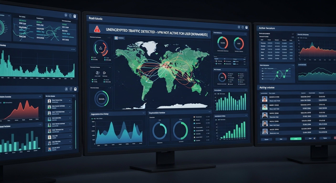Internet service provider monitoring user traffic dashboard before VPN encryption is enabled.