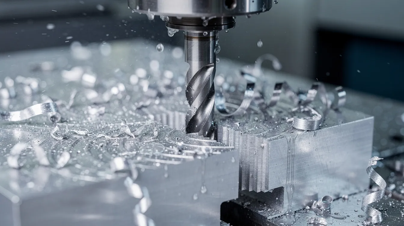 A close-up view of a CNC milling machine is shown, actively cutting an aluminum block while metal shavings and coolant are visibly scattered around. This precision machining process highlights the advanced CNC machining capabilities used to create custom machined parts with exceptional accuracy.