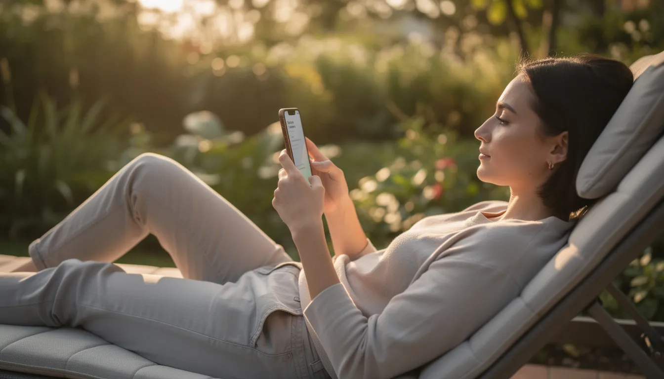 A person is sitting comfortably while relaxing, focused on their smartphone as they answer questions about relationship compatibility and effective communication. The scene captures a moment of personal development and open dialogue, highlighting the importance of shared interests and mutual support in healthy relationships.