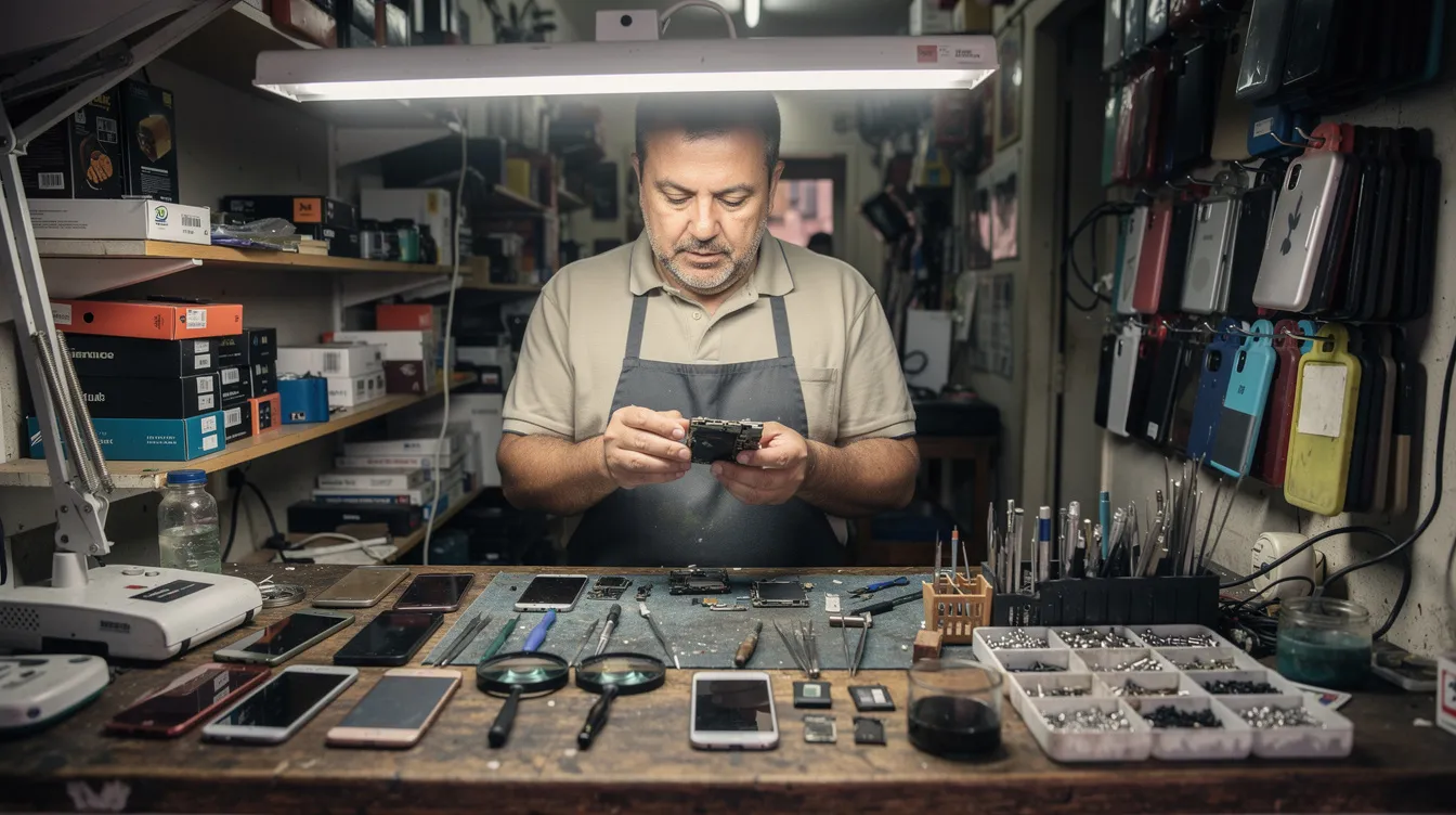 d64cf144 fae9 436a 90bf d6d018678346 The image shows a small mobile repair shop owner diligently working at his counter, surrounded by various tools and devices. This scene captures the essence of small businesses, highlighting the owner's dedication and the importance of financial assistance options like the Mudra loan for business financing.