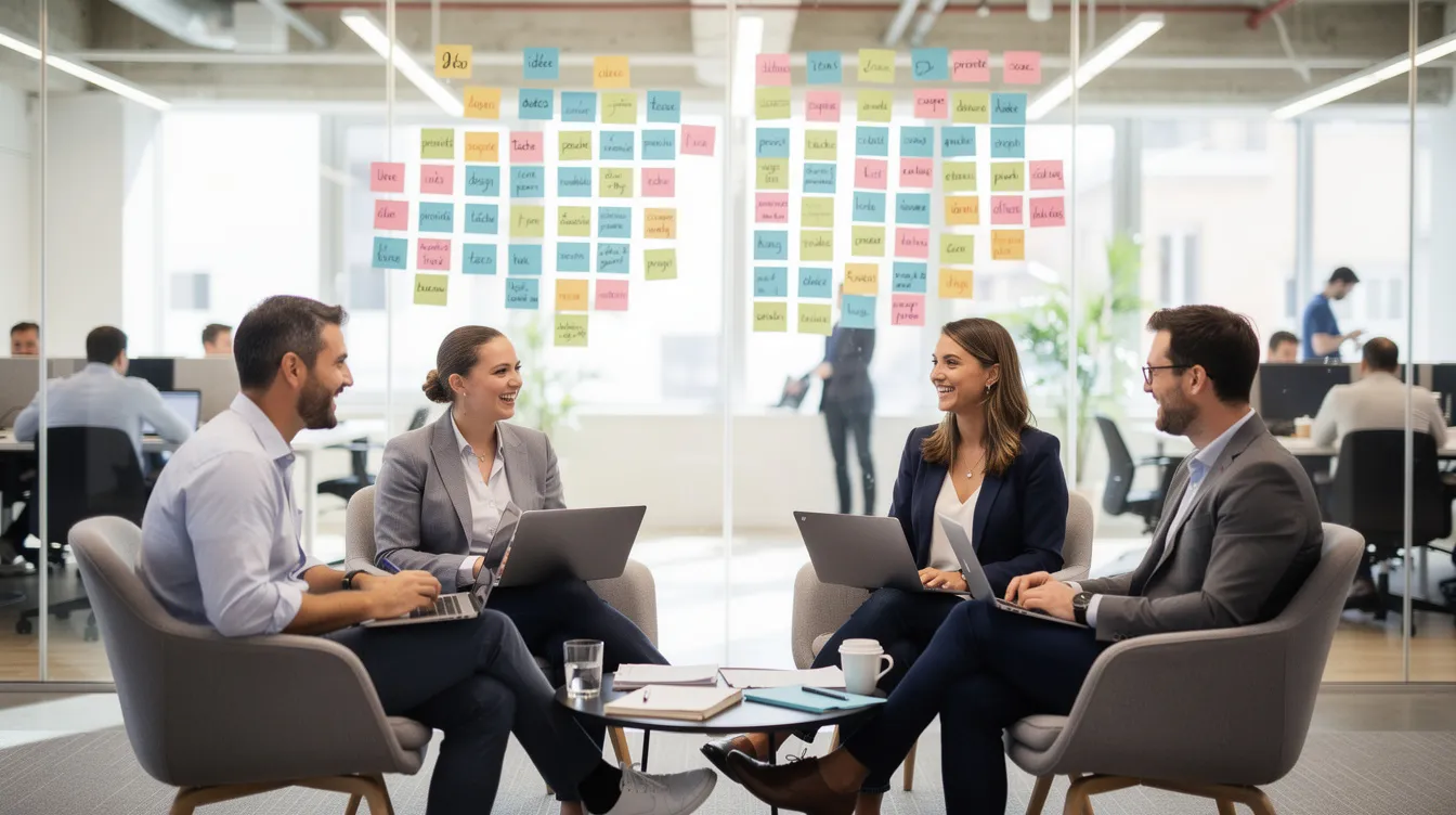 Quatre collègues sont assis en cercle dans un espace de travail ouvert, discutant d'idées et d'objectifs, tandis que des post-it colorés sont collés sur un mur vitré, illustrant l'ambiance collaborative de leurs réunions de travail. Cette organisation favorise l'engagement et la prise de décision efficace au sein de l'équipe.