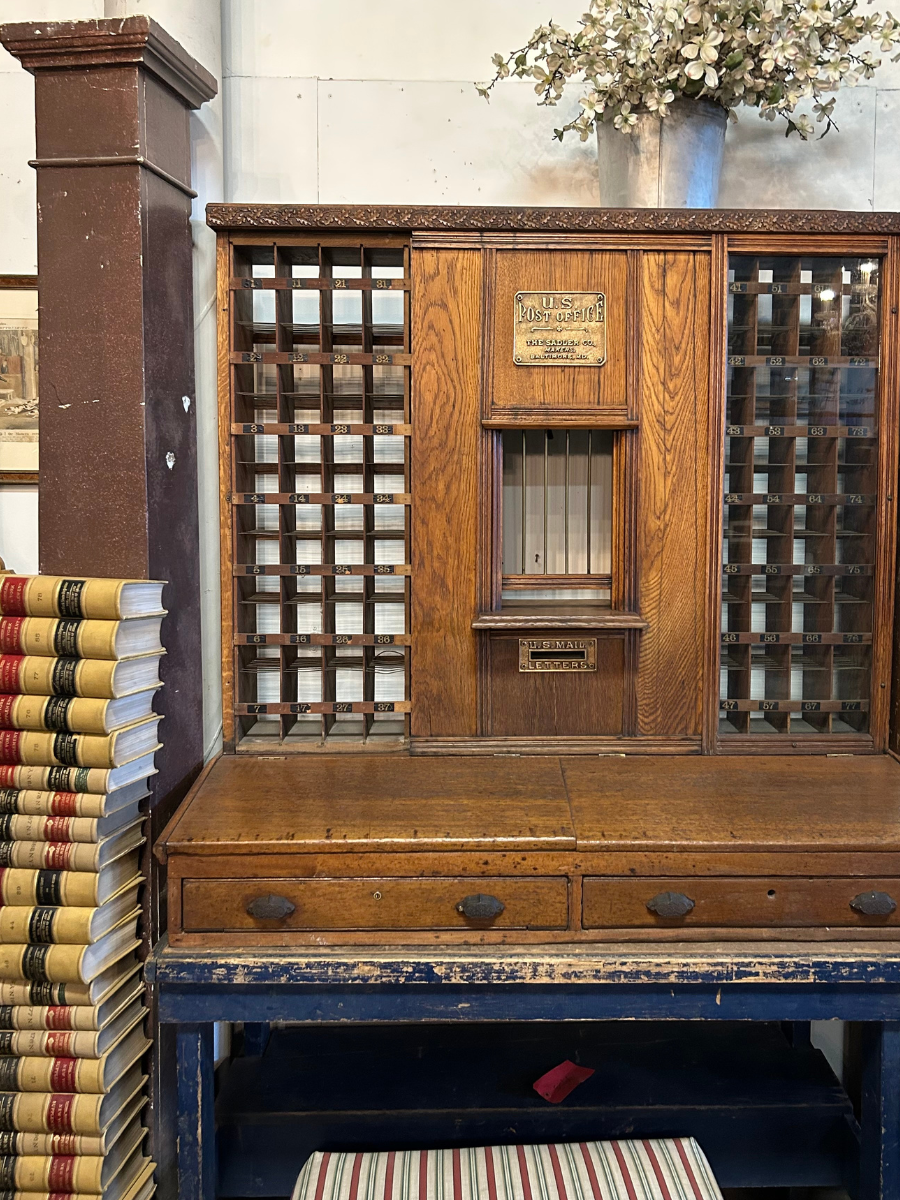 Antique oak post office letter cubbies with 2 drawers and mail slot