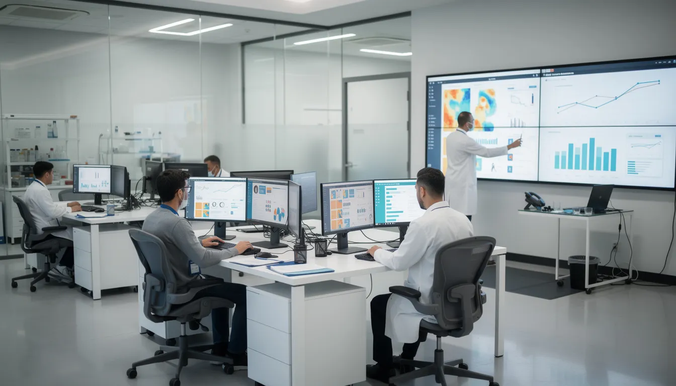 In a modern medical research facility, a group of researchers is intently analyzing health data and statistics displayed on computer screens, focusing on the benefits of heat shock proteins and their role in sauna therapy for enhancing cardiovascular health and immune function. The environment reflects a commitment to understanding the health benefits of heat exposure and its impact on chronic diseases and overall well-being.