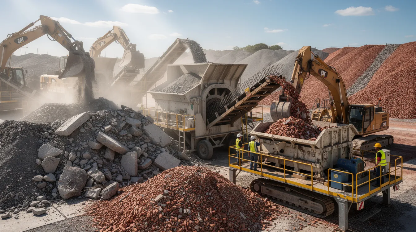 d6536b5f e1f6 434b a718 1c37098c50c2 The image depicts a construction debris recycling facility where large crushers are processing concrete and bricks, showcasing the recycling industry's crucial role in managing scrap materials. This facility highlights the booming scrap business, focusing on sustainable practices and the efficient recycling of construction waste.