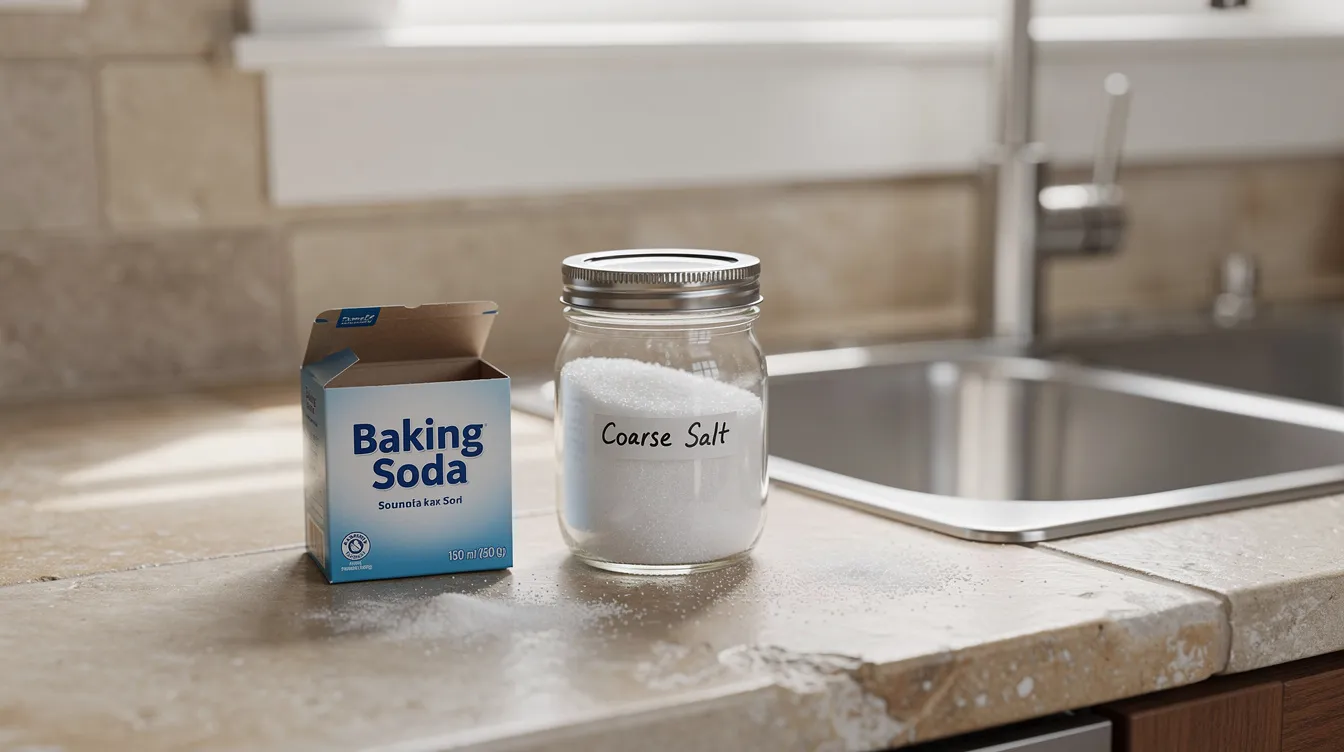 A jar of coarse salt and a container of baking soda are placed on a kitchen counter near a sink, suggesting a potential DIY solution for unclogging drains. These common household items can be part of the baking soda method to clear stubborn clogs and maintain clean drains.
