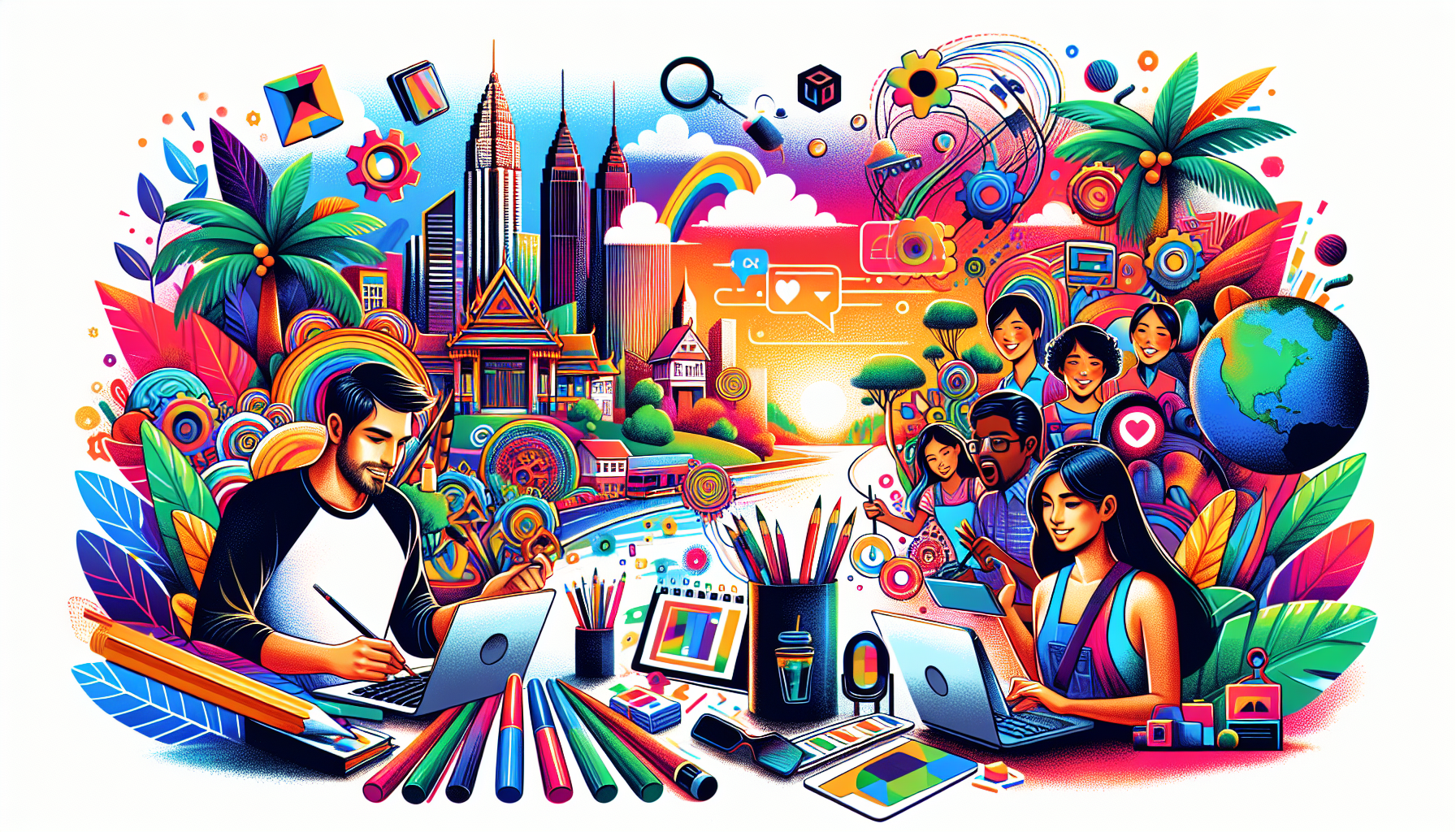 An illustration representing popular digital nomad jobs, featuring various professions.