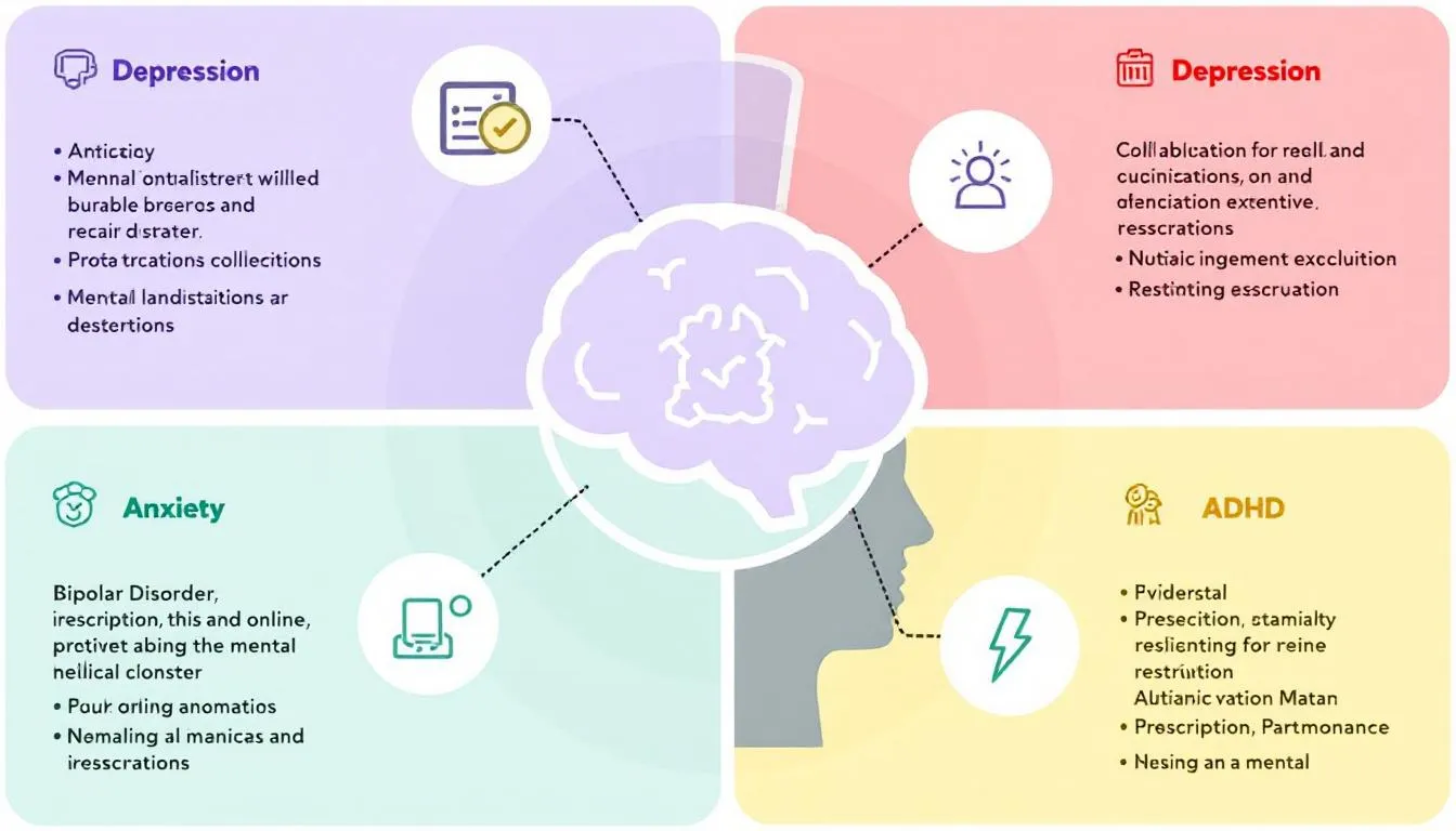 <img src="graphic.jpg" alt="Ilustracja przedstawiająca różne metody leczenia chorób psychicznych, w tym e-recepty online, konsultacje lekarskie online oraz leki nasenne i psychotropowe, dostępne przez internetowe konto pacjenta. Grafika ukazuje również ideę uzyskania e-recepty na leki bez konieczności wychodzenia z domu." />