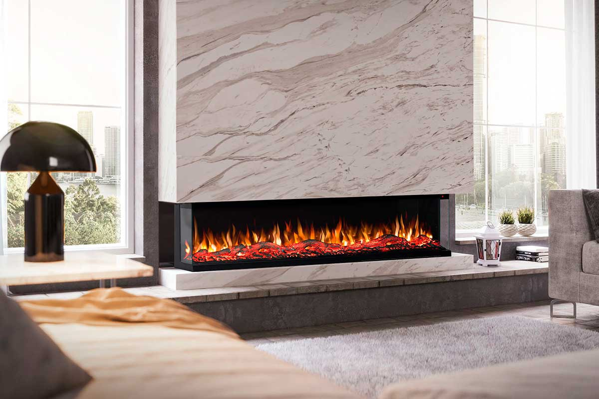 A stunning panoramic fireplace showcasing real flames and logs.