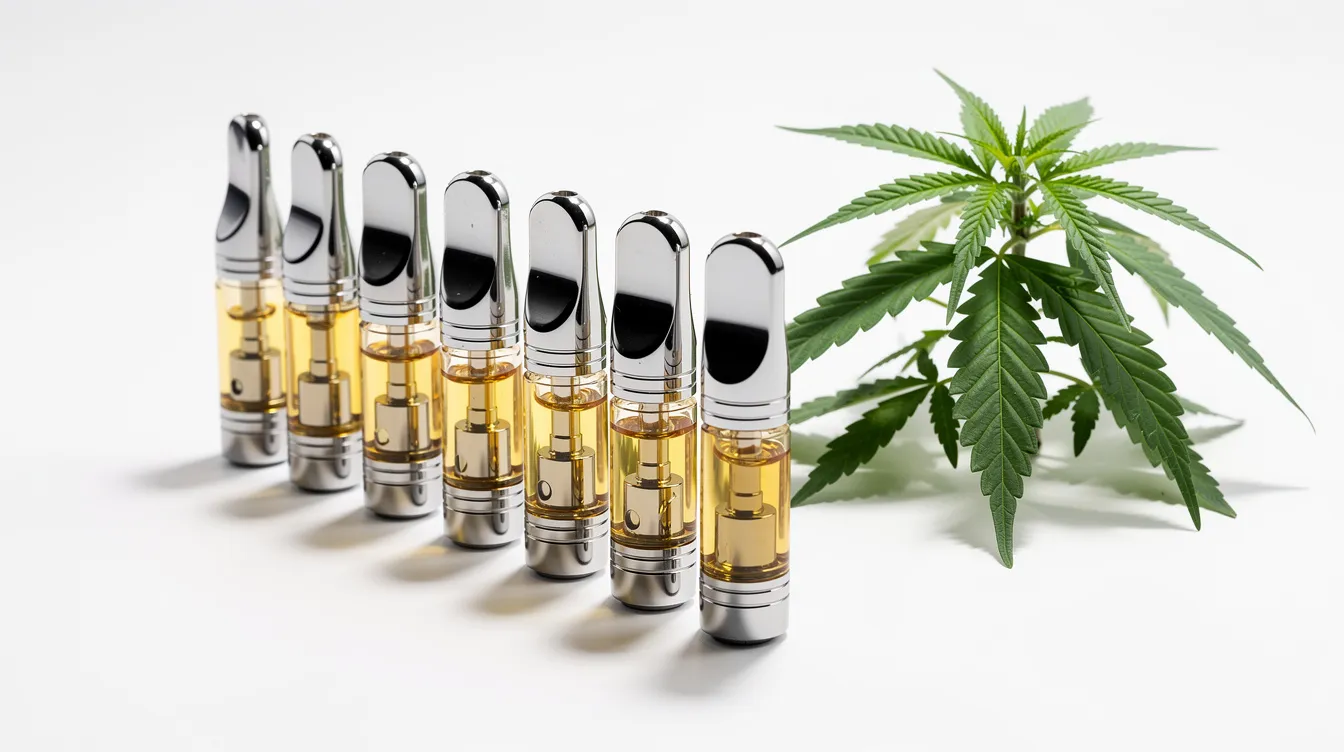 The image depicts several vape cartridges, including blinkers carts, neatly arranged on a clean white surface beside a small green hemp plant, highlighting a connection to safe vaping practices and the convenience of quality products. The setup suggests an organized vaping experience, emphasizing the importance of trusted sources for potent effects.