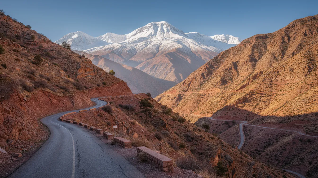 The image depicts a winding road snaking through the High Atlas Mountains, with majestic snow-capped peaks rising in the background. This scenic landscape is perfect for those interested in shared desert tours from Marrakech, offering an unforgettable journey into the heart of Morocco's stunning natural beauty.