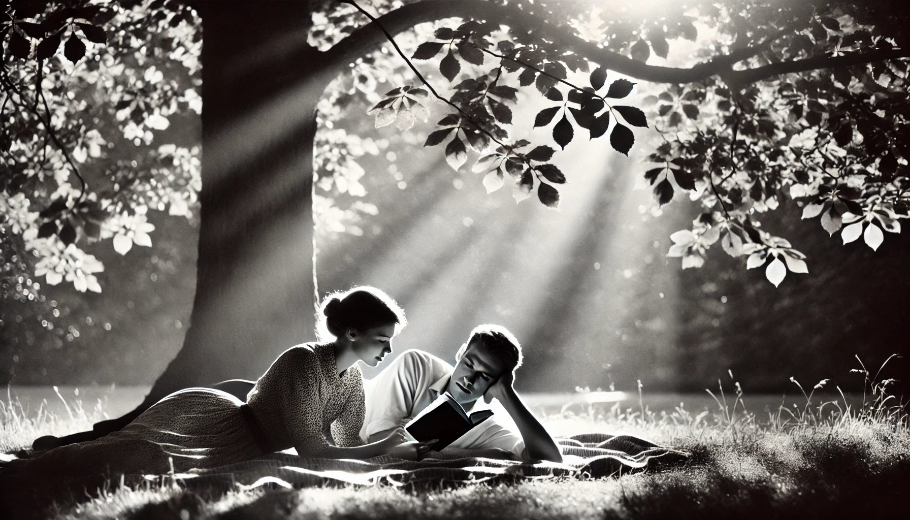 A couple lying on a blanket under a tree reading from an erotic book