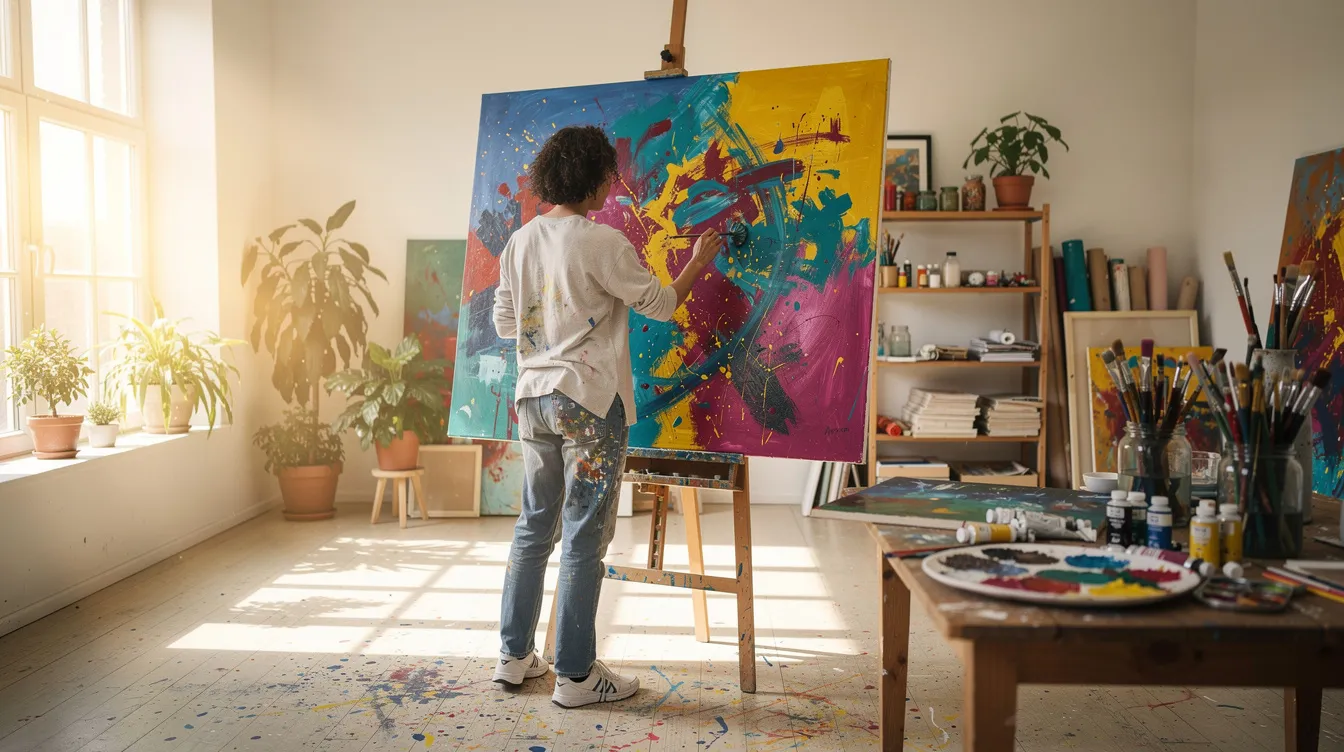 A person is immersed in creating an abstract painting filled with vibrant colors in a bright and welcoming studio, showcasing the therapeutic benefits of art as a form of self-expression and emotional exploration. This creative environment can be a vital space for mental health support, encouraging self-awareness and personal growth.