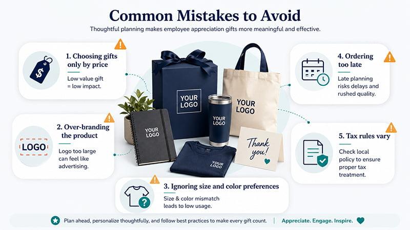 Common employee appreciation gift mistakes to avoid, including over-branding, low-value items, late ordering and wrong size selection