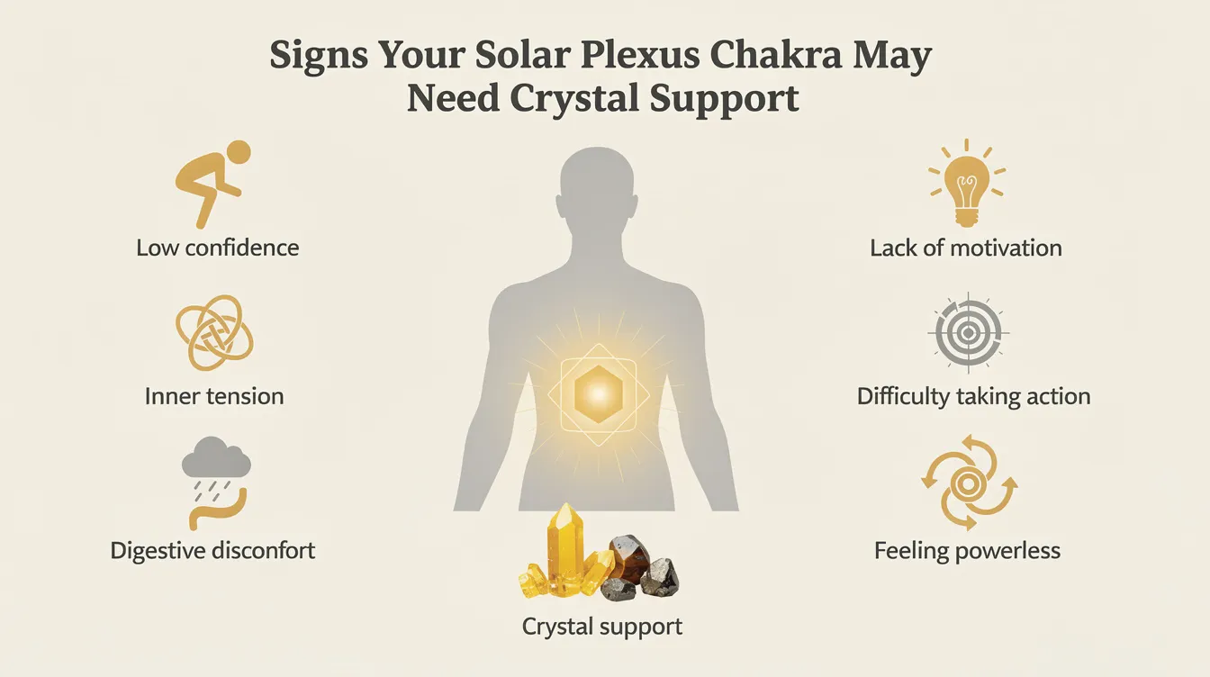 The image depicts various crystals associated with the solar plexus chakra, showcasing their vibrant yellow hues that symbolize personal power and energy. Surrounding the crystals are affirmations and symbols related to solar plexus chakra healing, emphasizing the importance of maintaining a balanced solar plexus for emotional and physical well-being.