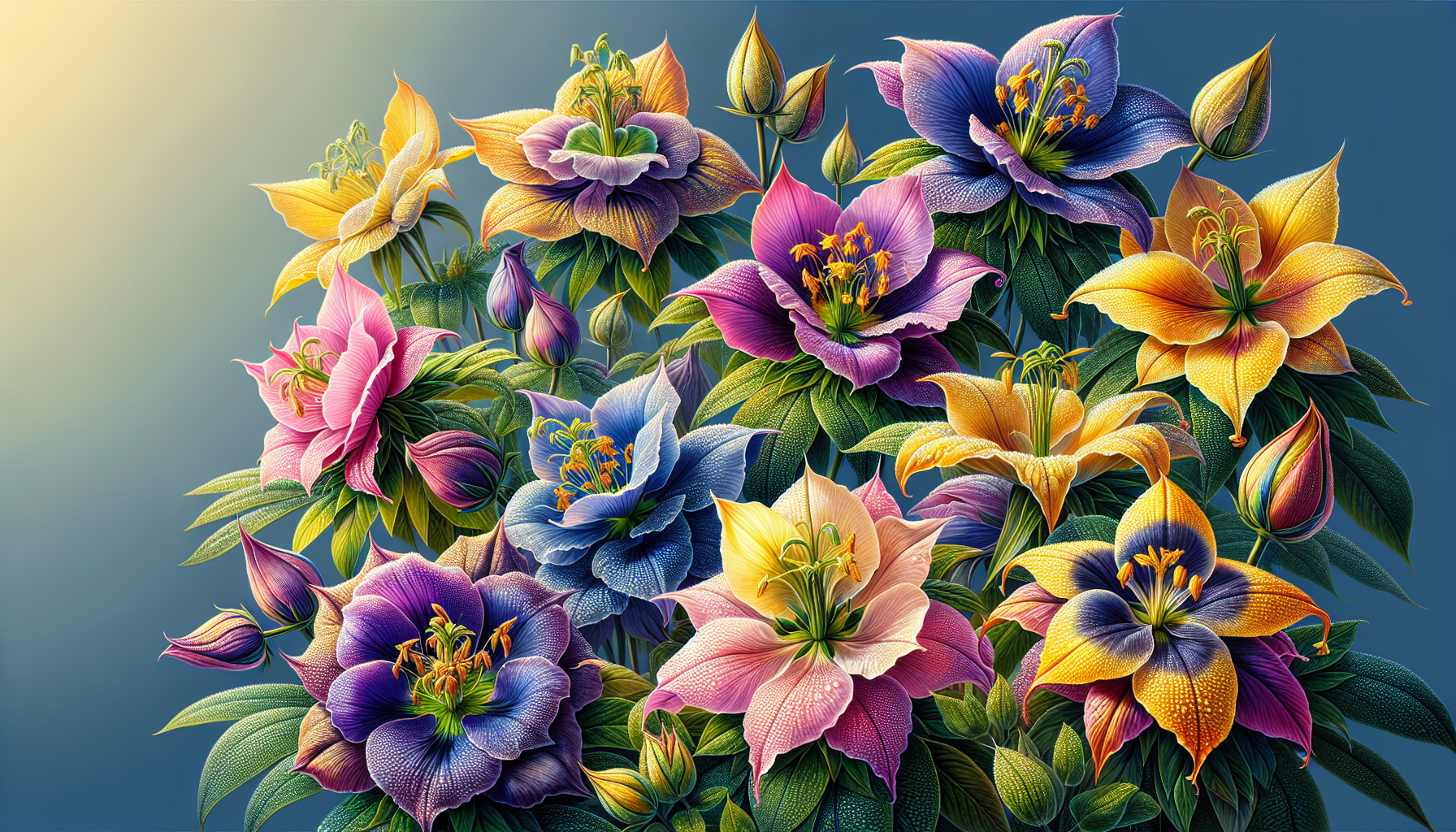 An illustration of THP420 flowers in different colors and shapes.