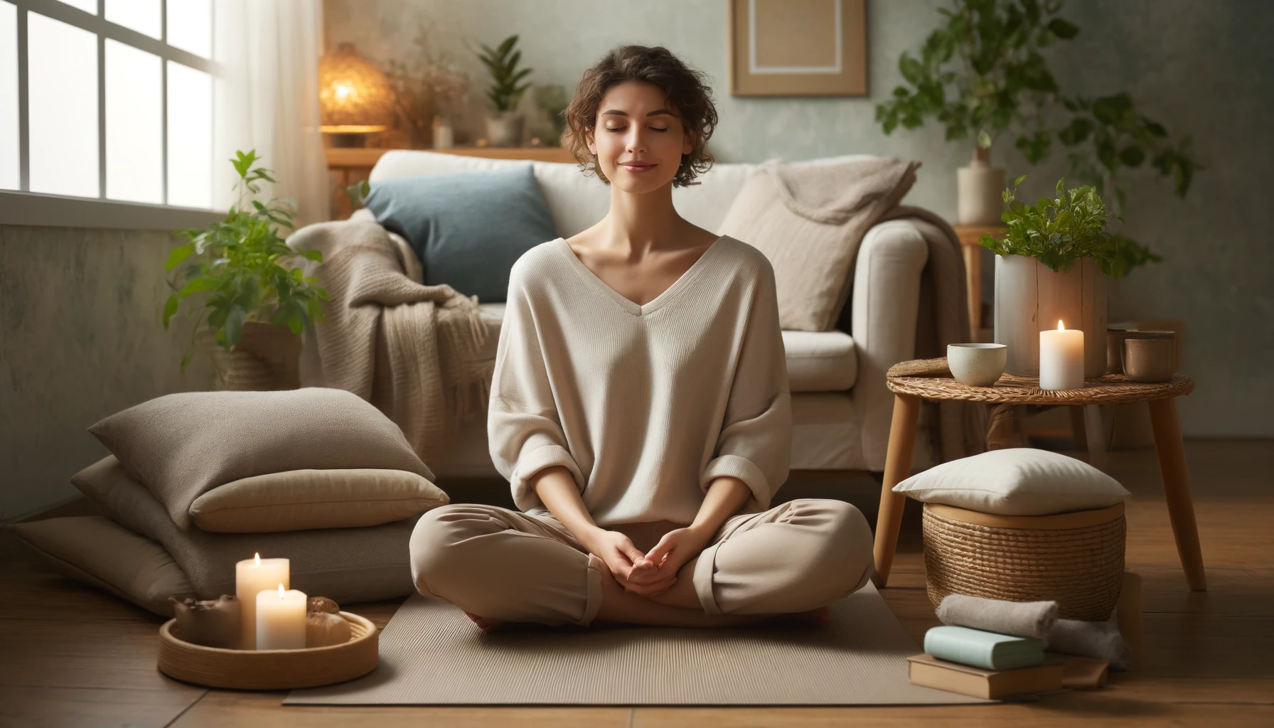 A person sitting peacefully in a serene environment, practicing self-compassion