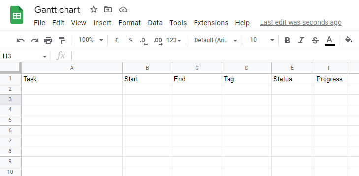 google sheets, columns: task, start, end, tag, status, progress