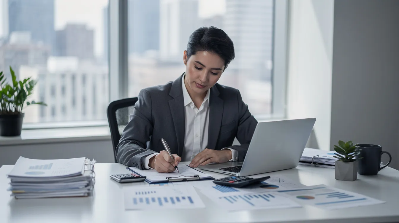 A professional is seated at a desk, intently reviewing financial documents on a laptop, indicating a focus on precious metals investments and strategies for retirement savings. The setting suggests a serious approach to navigating the precious metals market, possibly involving gold and silver coins or IRA accounts.