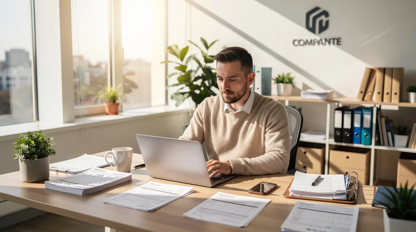 A small business owner is seated at a bright office desk, focused on their laptop while surrounded by documents, symbolizing the entrepreneurial spirit in the UAE's dynamic banking landscape. This scene reflects the importance of banking services like those offered by Dubai Islamic Bank and other major banks in supporting local businesses.