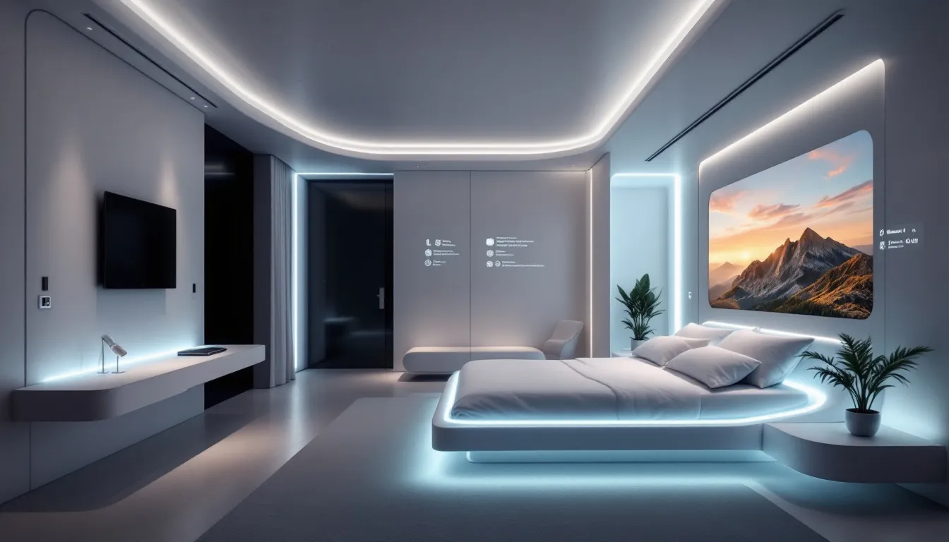 A futuristic hotel room featuring sleek, modern design is equipped with voice-activated controls and smart technology integration, enhancing the guest experience through advanced automation and personalized recommendations. This innovative space reflects the hospitality industry's move towards improving guest satisfaction and operational efficiency with AI-powered solutions.