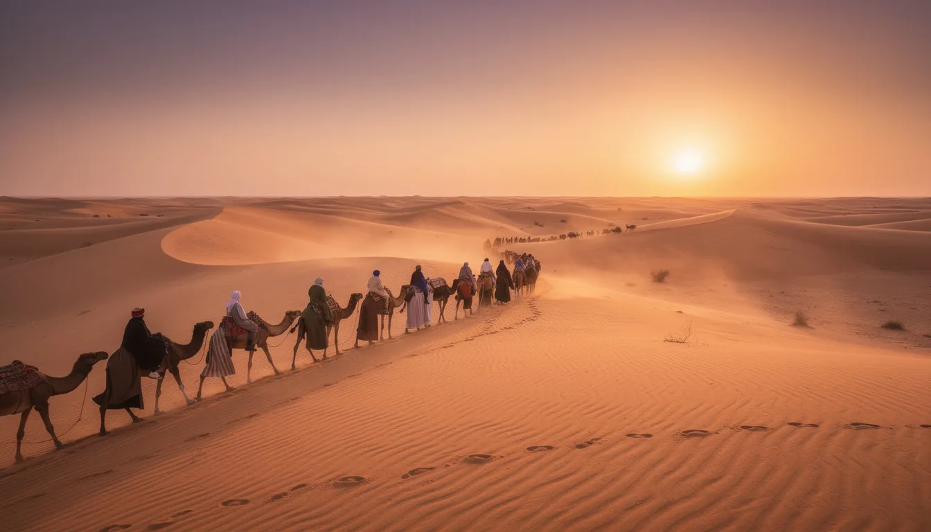 A camel caravan traverses the golden dunes of the Sahara Desert at sunset, casting long shadows and creating a stunning silhouette against the vibrant sky. This picturesque scene captures the essence of desert adventures in Morocco, perfect for travelers seeking an authentic experience in the heart of the Sahara.