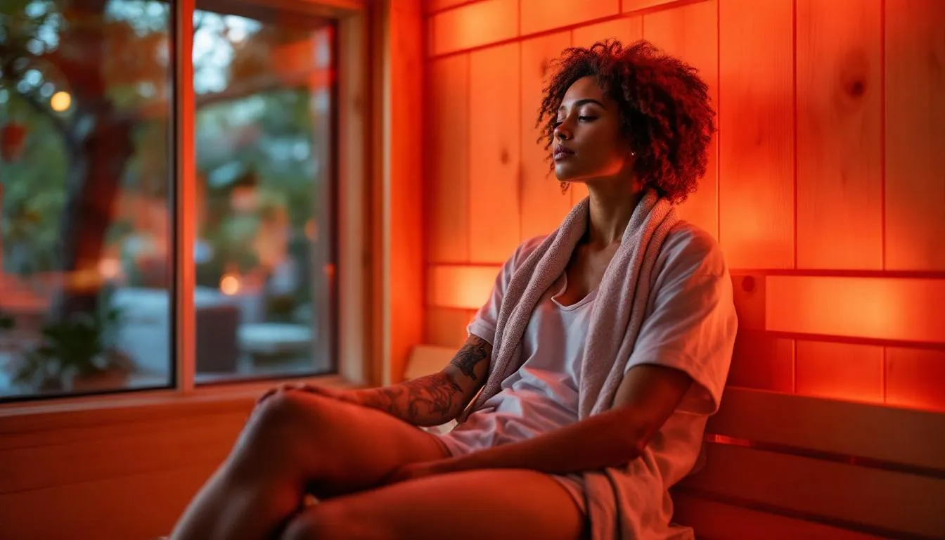 An infrared sauna with a person relaxing inside, showcasing the benefits for healed tattoos.