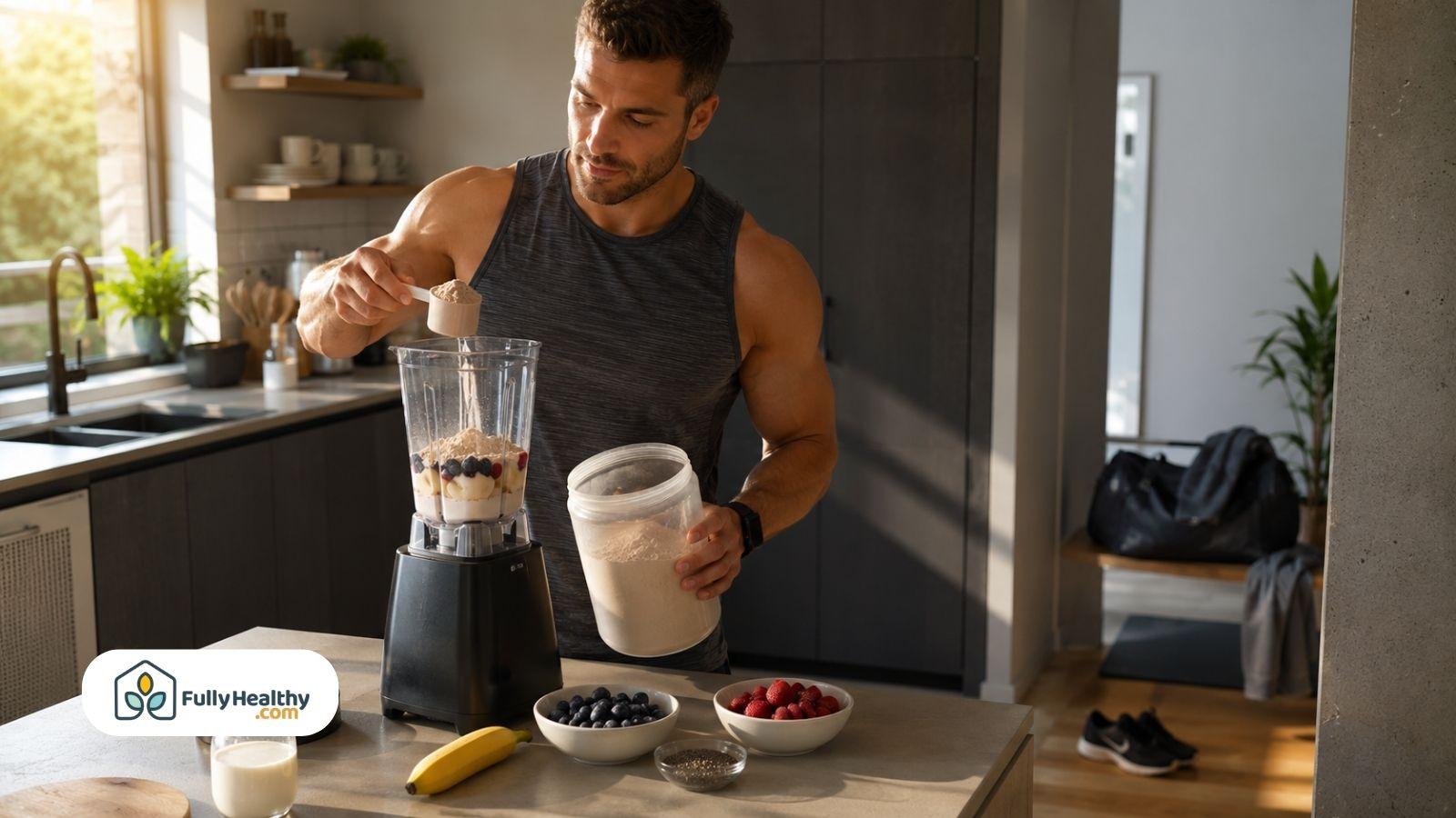 Man preparing morning protein shake with berries and protein powder