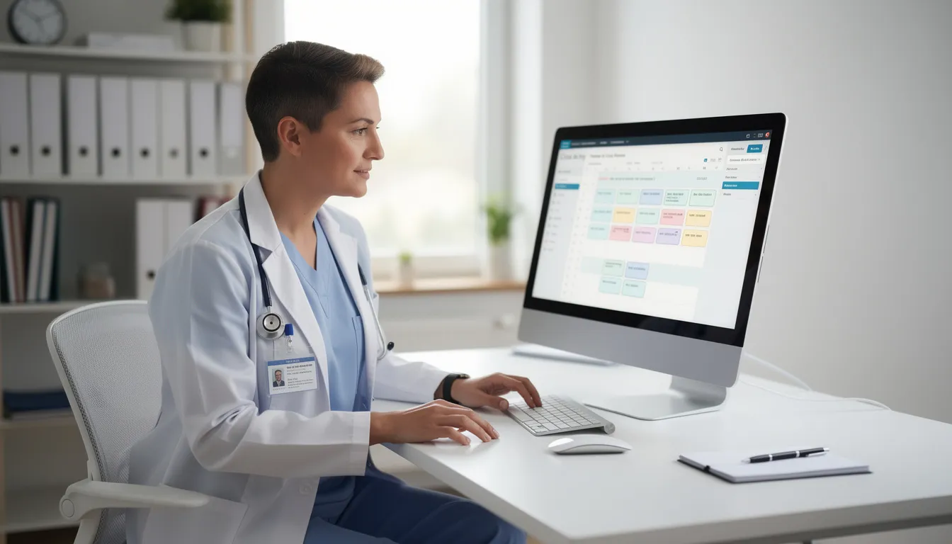 Un profesional de la salud revisa su agenda digital en una computadora, utilizando herramientas de inteligencia artificial para optimizar su práctica médica y mejorar la atención al paciente. La imagen refleja la importancia de la tecnología en la gestión de datos y la toma de decisiones en el sector salud.