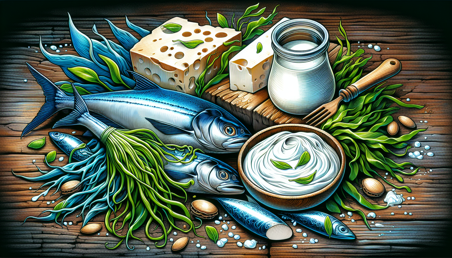 Illustration of natural sources of iodine, including seafood, dairy products, and sea vegetables.