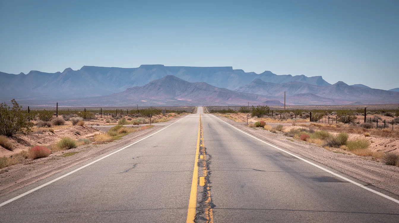 The image depicts a long desert highway traversing through New Mexico, flanked by majestic mountains under a clear blue sky. This serene landscape highlights the vastness of the region, often associated with personal injury claims and insurance coverage disputes in the context of New Mexico law.