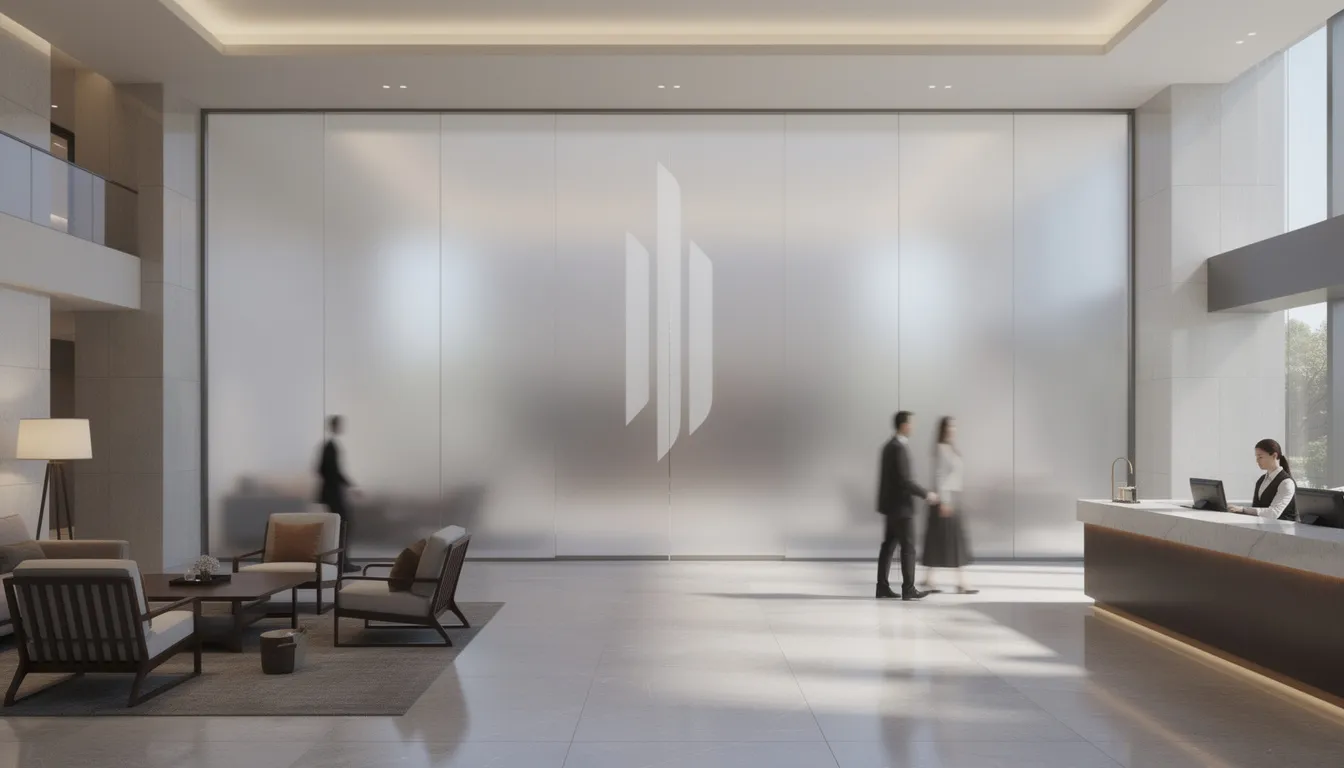 The image depicts a hotel lobby featuring a large frosted glass wall that showcases a gradient company logo treatment, creating a sophisticated and modern atmosphere. The frosted glass surface allows natural light to filter through while maintaining privacy, enhancing the overall elegance of the space.