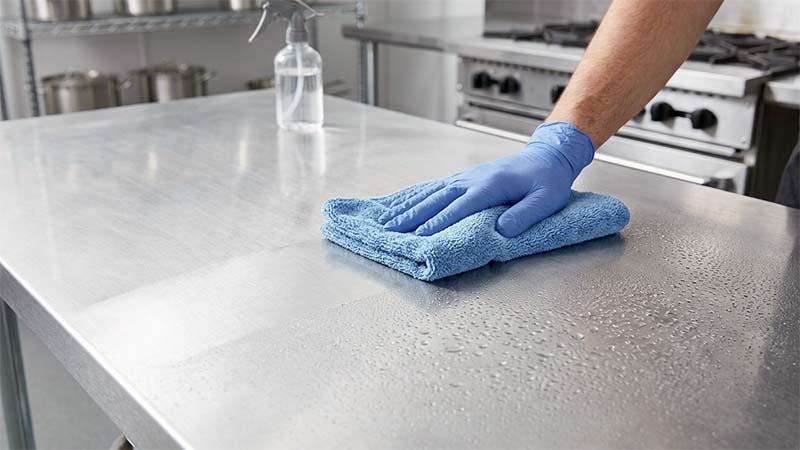 Drying a wet stainless steel table with a microfiber cloth