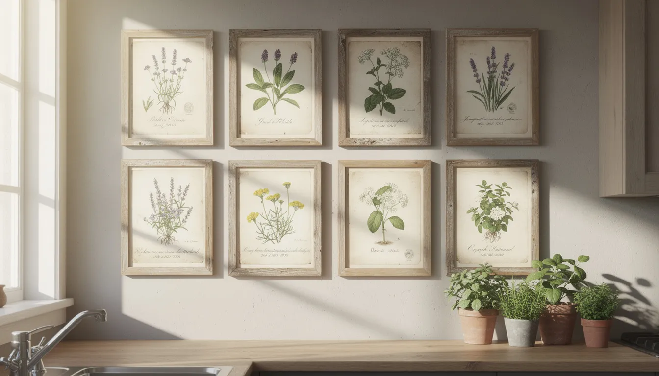 The image features vintage botanical herb prints elegantly arranged on a kitchen wall, each framed in weathered wood, adding rustic charm and timeless design to the space. This artwork enhances the cozy atmosphere of a farmhouse kitchen, making it a perfect piece of wall decor that reflects personal style and character.