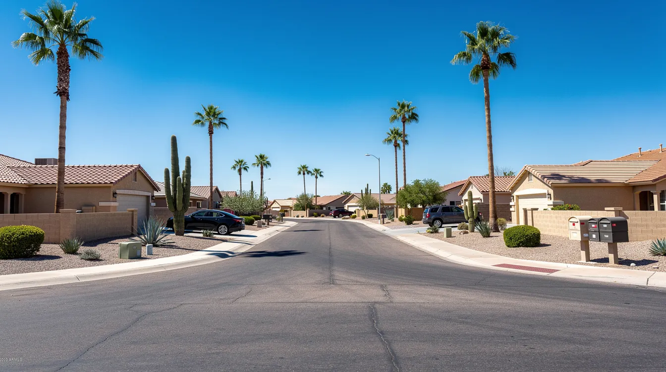 The image depicts a serene residential neighborhood in the Phoenix, Arizona desert, featuring stucco homes and tall palm trees set against a clear blue sky. This picturesque setting highlights the importance of reliable plumbing services to maintain a comfortable home, ensuring systems run smoothly and addressing any plumbing emergencies that may arise.