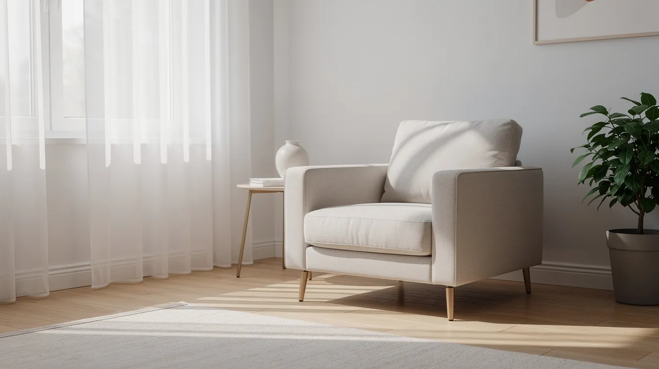En beige fåtölj står i ett ljust vardagsrum, där naturligt ljus strömmar in genom fönstret. Fåtöljen ger en känsla av komfort och stil, vilket gör den till en perfekt del av hemmets inredning.