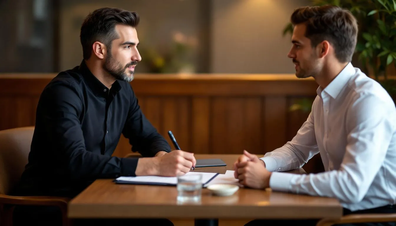 Restaurant manager conducting an interview with a candidate who applied for a waitstaff position.