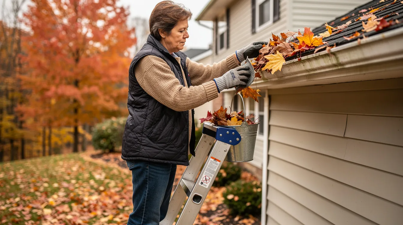 A person dressed in autumn clothing is cleaning leaves from the gutters of a residential home, with colorful fall trees in the background. This scene highlights the importance of maintaining your home's structure to prevent issues like water damage, which is typically covered by homeowners insurance.