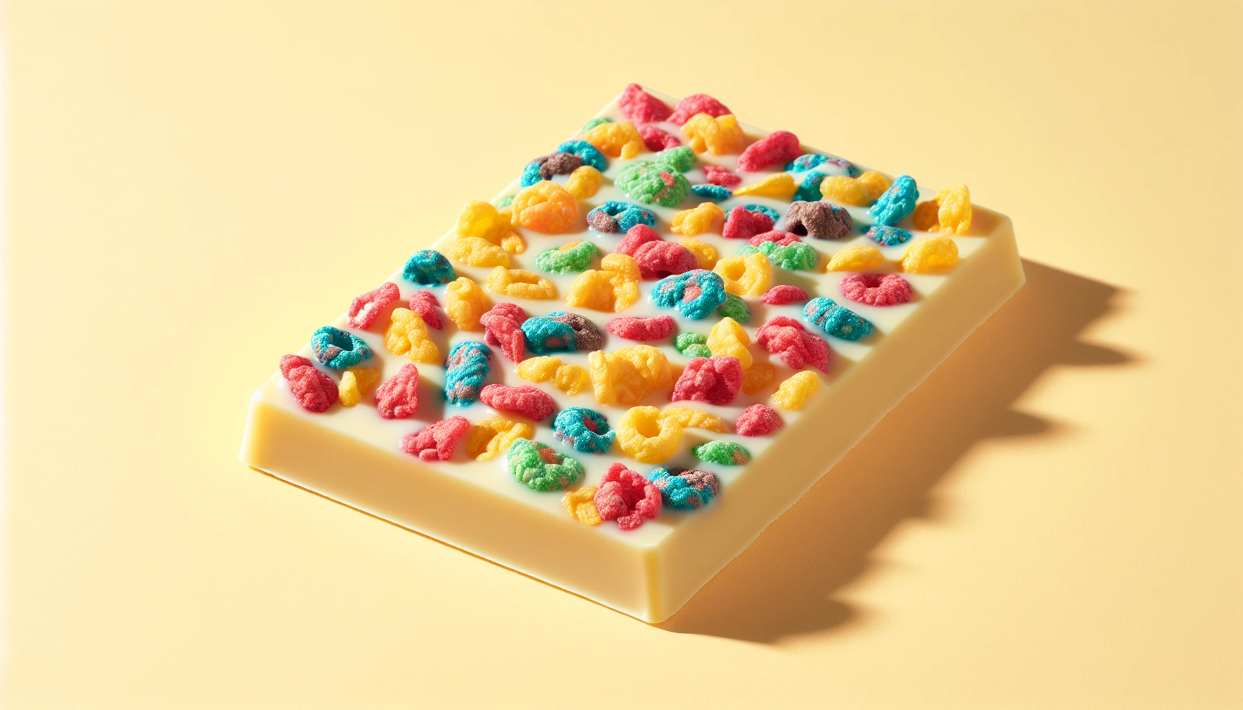 A whimsical illustration of a white chocolate bar with colorful fruity pebbles