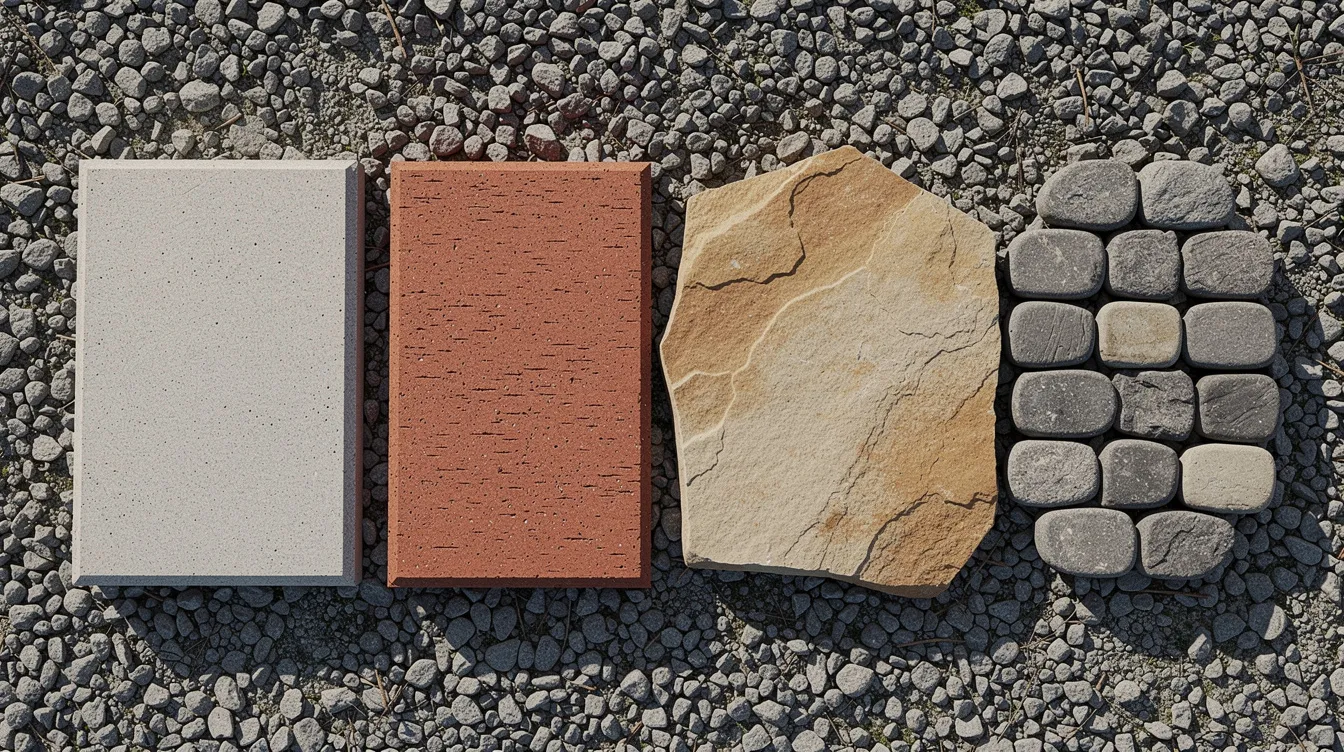 The image features a close-up view of four different paver samples arranged on gravel, showcasing concrete pavers, brick pavers, flagstone pavers, and cobblestone pavers side by side. Each sample displays various colors and textures, highlighting the diverse materials used for patios and walkways.