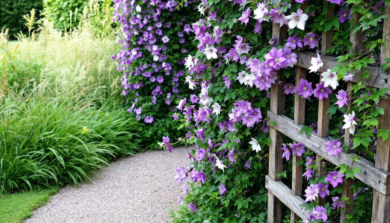In einer Garten-Ecke wächst eine prächtige Clematis, die sich an einer hölzernen Pergola emporrankt. Die Blüten der Waldrebe strahlen in lebendigen Farben und verleihen diesem Bereich des Gartens eine besondere Schönheit.