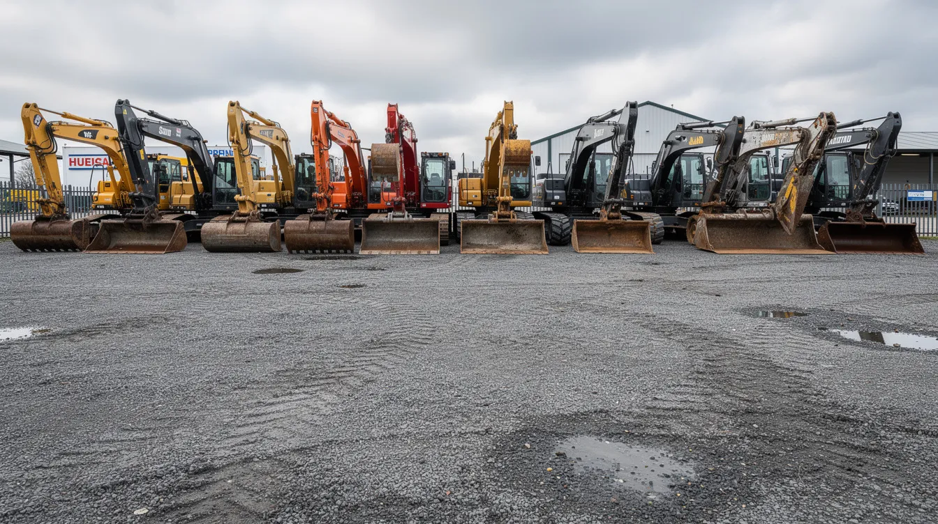 A row of used excavators and wheel loaders is parked in a dealer yard, set on a gravel lot, showcasing various heavy-duty commercial trucks available for purchase. The equipment appears well-maintained, suggesting a reliable source for those looking to buy used heavy equipment in New Jersey.