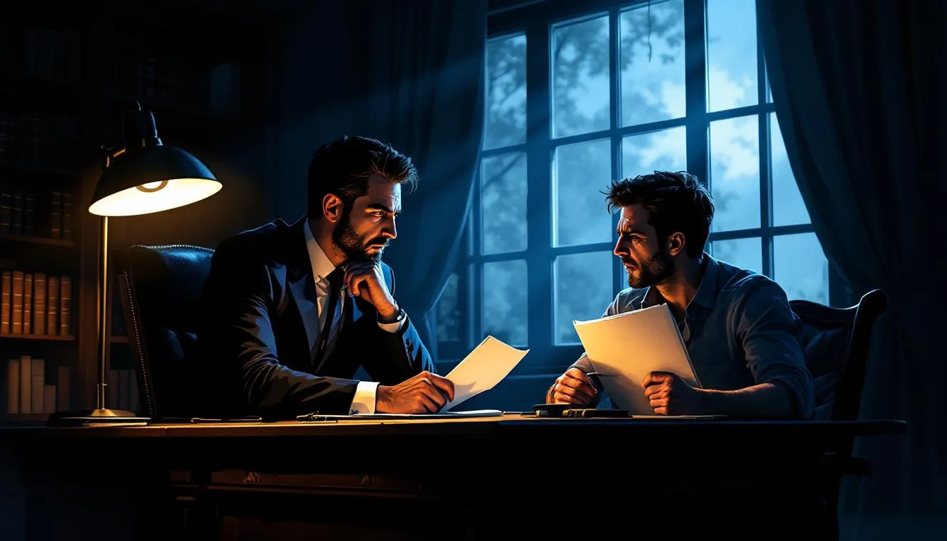 An illustration of a personal injury lawyer consulting with a client about their case.