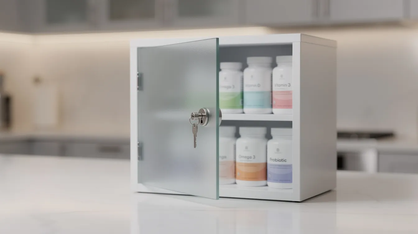 A small locked cabinet sits on a kitchen counter, securely storing various wellness supplement jars, including hemp gummies that are designed to support sleep quality and reduce stress. The jars feature vibrant labels, highlighting their gluten-free ingredients and the benefits they offer for anxiety relief and overall well-being.