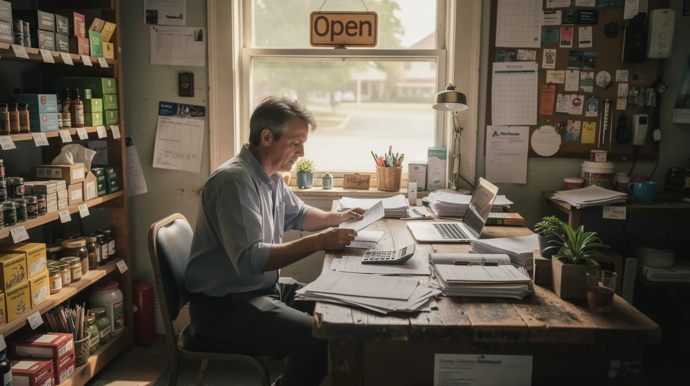 d67f216c ae94 4a5d b909 692f659834ad The image shows a small business owner seated in a modest shop, surrounded by various products and stacks of paperwork, indicative of their daily business transactions. This setting reflects the challenges faced by small business owners in managing their operations and applying for mudra loans, where factors like credit history and business viability play a crucial role in loan approval.