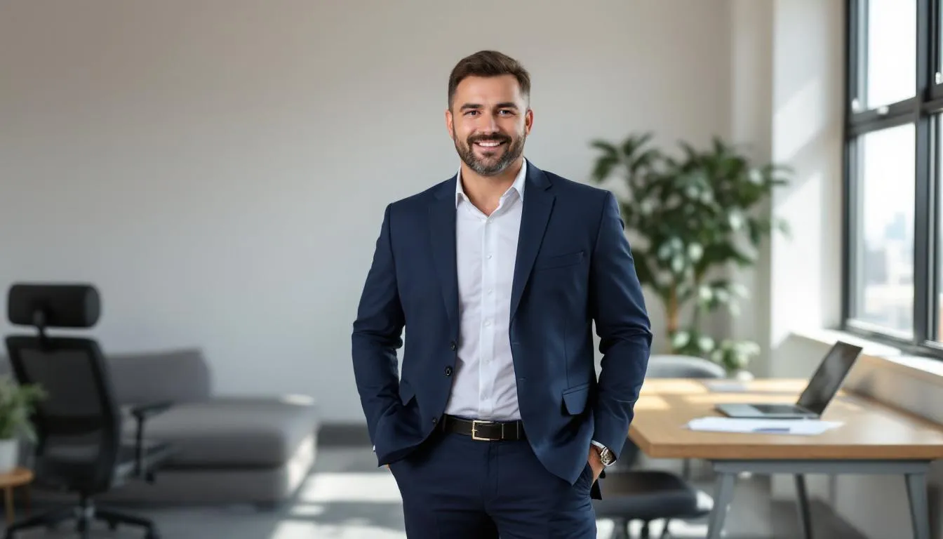 A confident small business owner stands in their office, smiling after successfully securing an online business loan, which will provide them with the working capital needed for day-to-day operations. The image reflects their optimism about future growth and the flexible terms of their financing options.