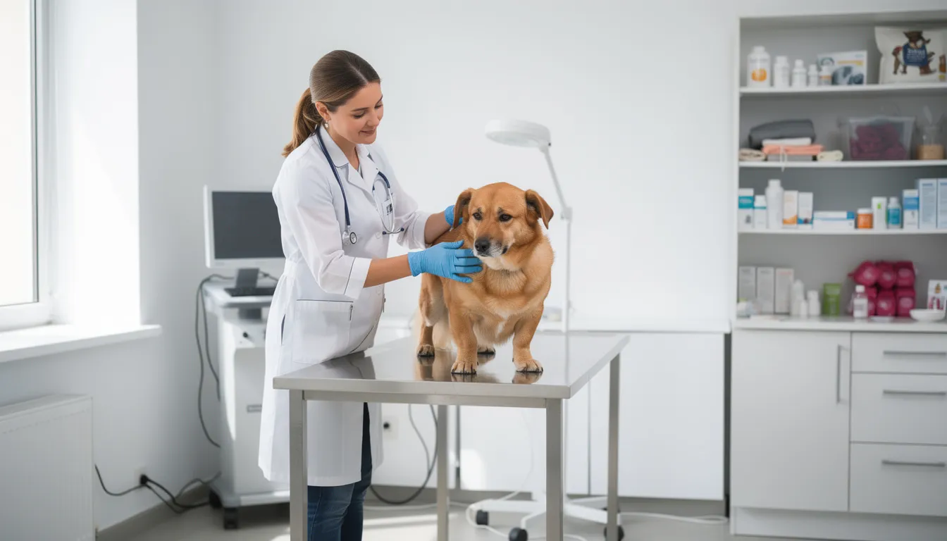 Na zdjęciu weterynarz bada psa w gabinecie weterynaryjnym. Zwierzę, które może mieć objawy czyraczycy odbytu, jest starannie badane, co sugeruje konieczność regularnych wizyt u lekarza weterynarii w celu wczesnego wykrycia ewentualnych schorzeń.