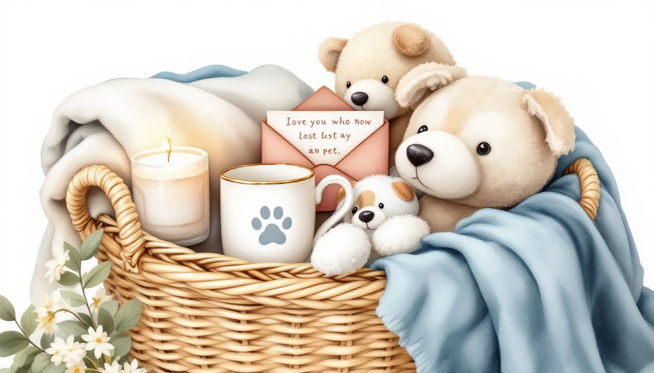 Comforting gift baskets filled with thoughtful items for someone who lost a pet.