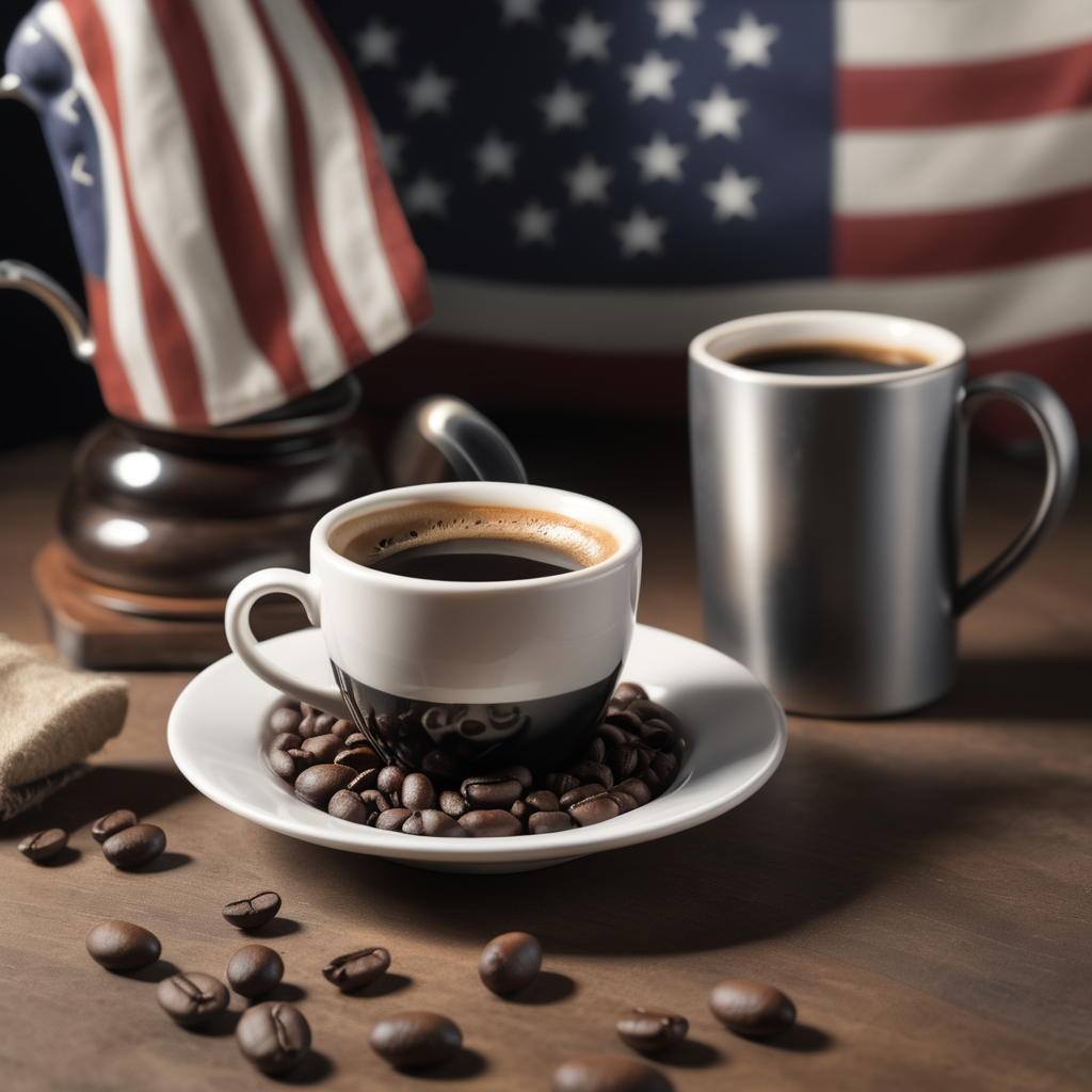 A coffee cup/saucer, a mug, coffee beans on a table with American flag in background